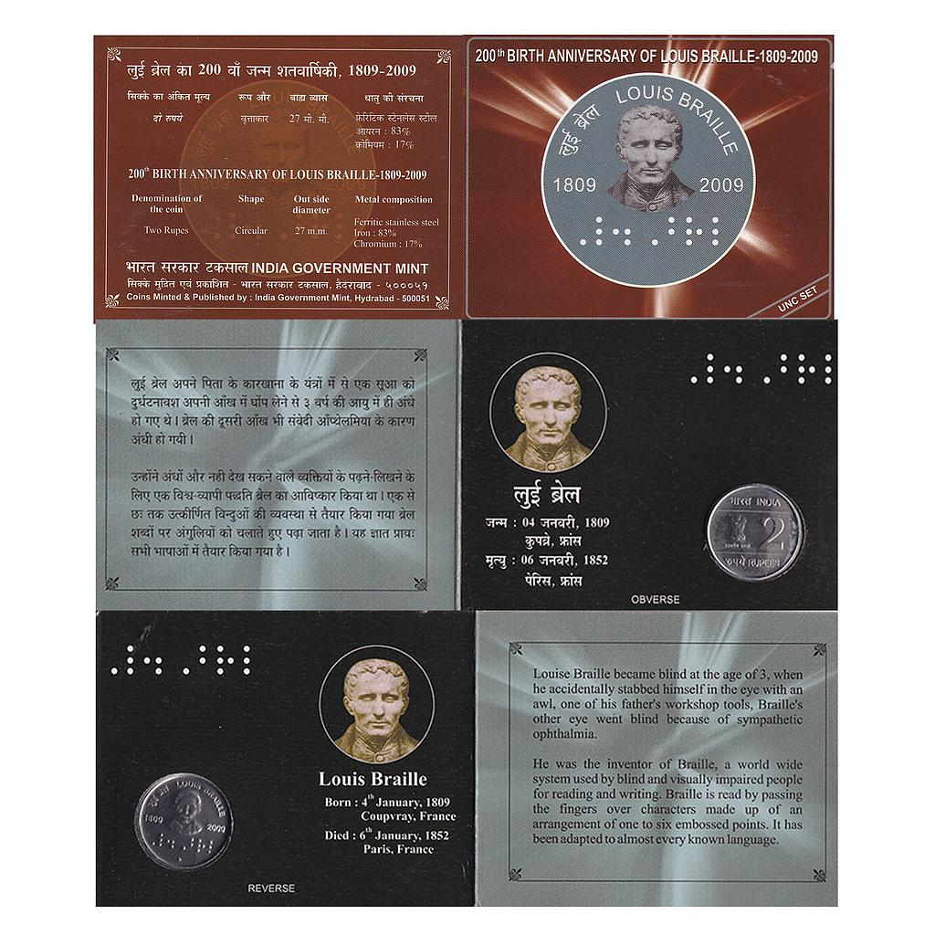Republic India 2009 AD UNC Set 200th Birth Anniversary of Louis Braille single coin set Rupees 2