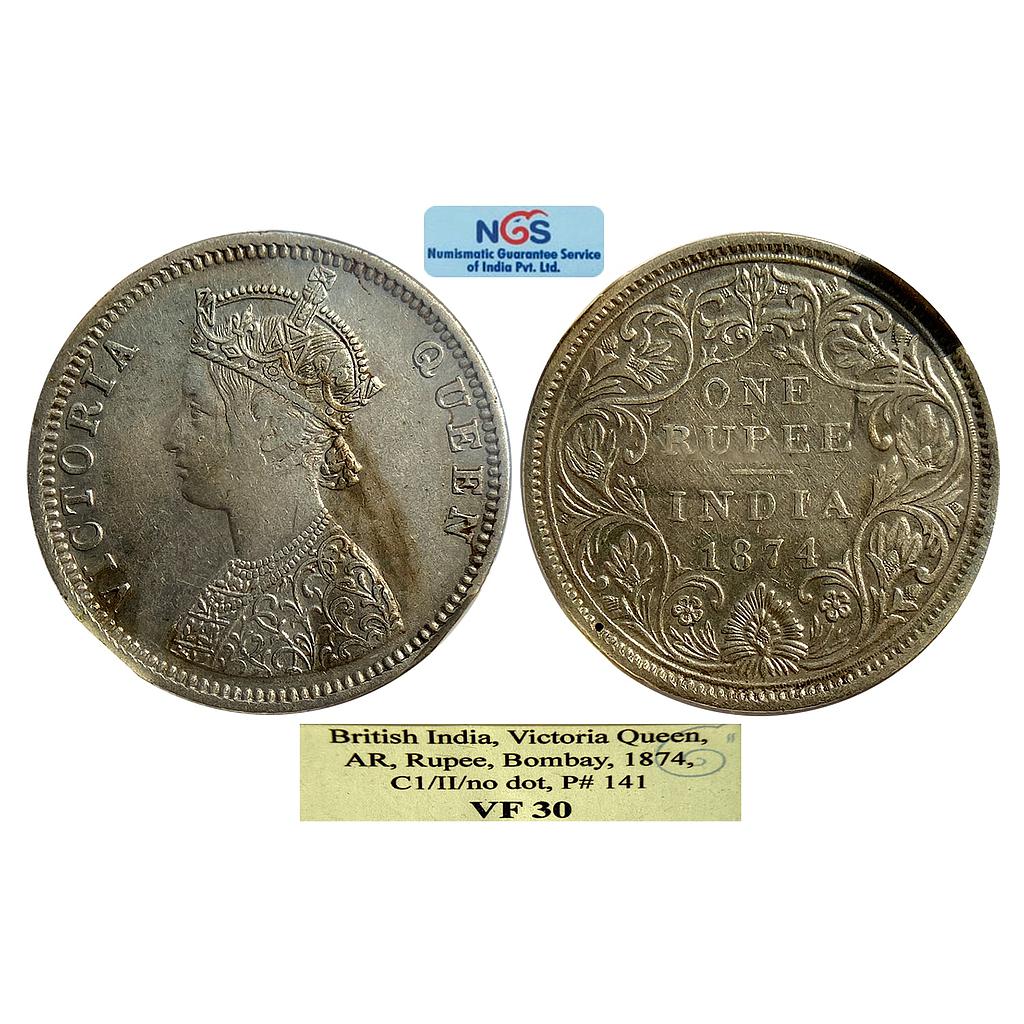 British India Victoria Queen 1874 AD C1 / II / No mint mark Bombay Mint Silver Rupee