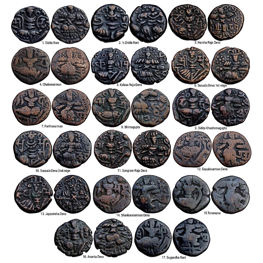 Hindu Medieval Kashmir Raja A lot of 17 coins of 15 different rulers Copper Dramma