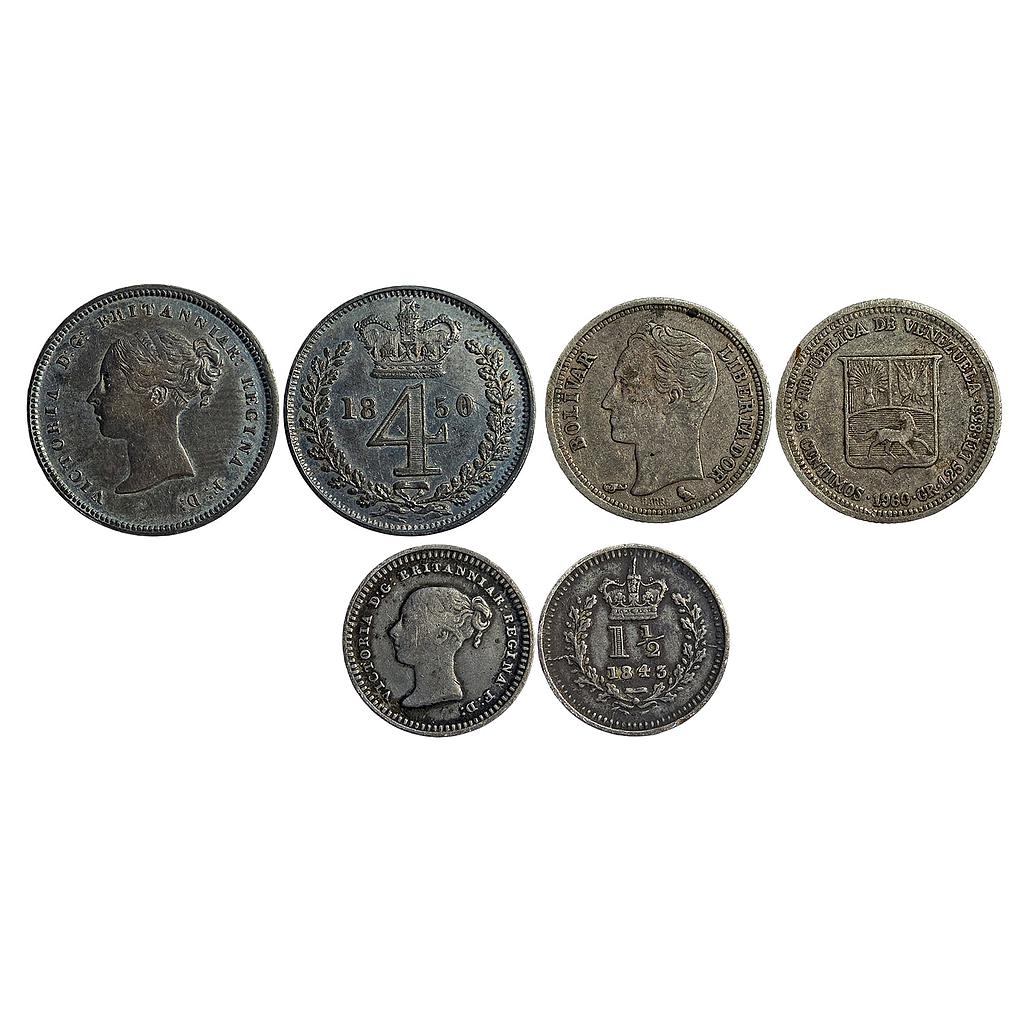 United Kingdom Victoria Queen Set of 3 coins 4 Pence Venezuela 25 Céntimos 1½ Pence
