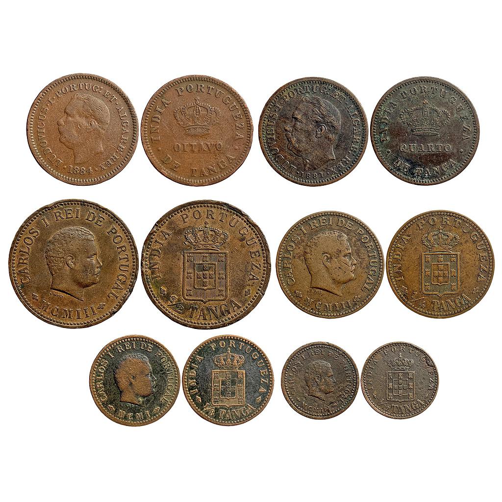 Indo Portuguese Ludwig Copper 1/4 de tanga &amp; Carlos I Set of 6 coins complete set of Copper 1/2 1/4 1/8 1/12 Tanga