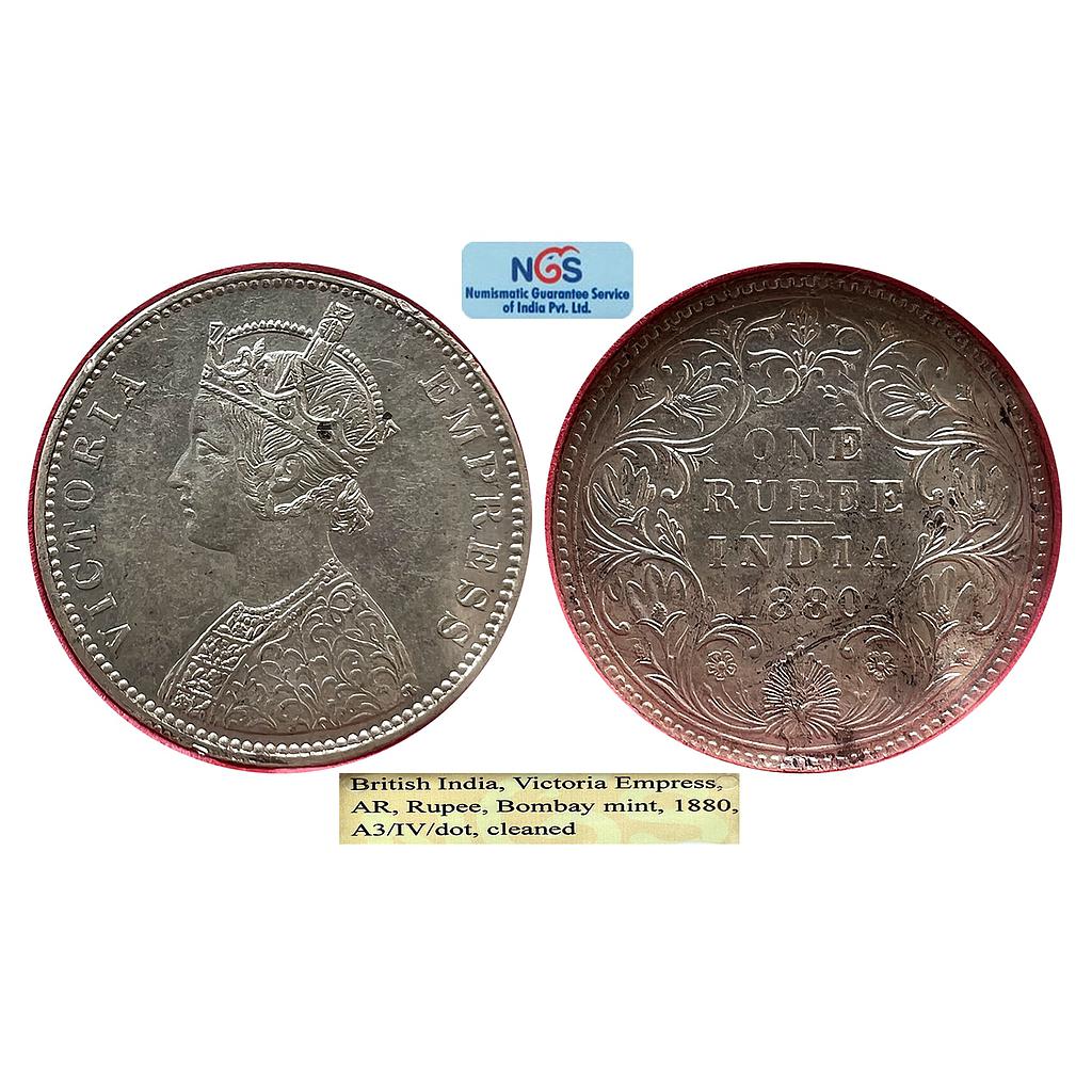 British India Victoria Empress 1880 AD A3 / IV / dot, A3 / I / dot Bombay Mint Silver Rupee