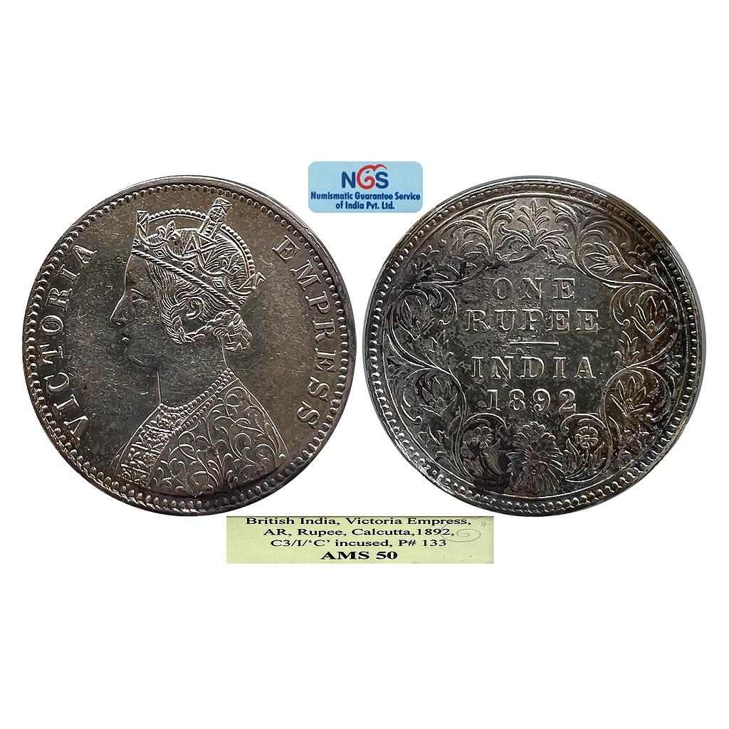 British India Victoria Empress 1892 AD C3 / I / C incuse Calcutta Mint Silver Rupee