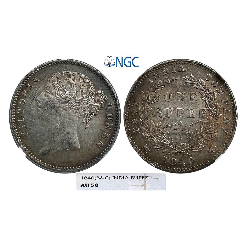 EIC Victoria Queen 1840 AD (B&amp;C) Divided Legend 28 Berry Silver Rupee NGC Graded AU 58