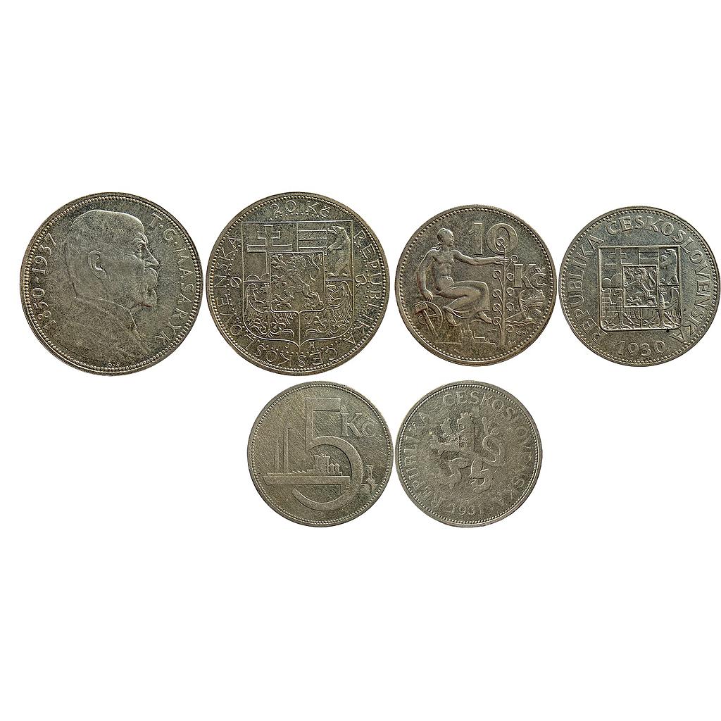 Czechoslovakia First Republic 20 Korun / Korún Silver (.700) 1937 AD 10 Korun / Korún Silver (.700) 1930 AD 5 Korun / Korún Silver (.500) 1931 AD