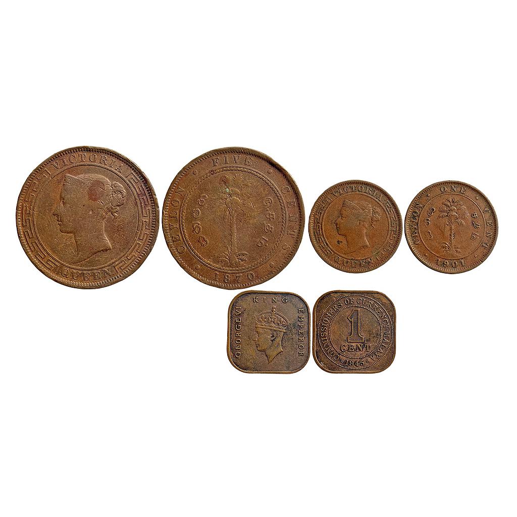 Ceylon Victoria Queen Malaya George IV set of 3 coins Copper 5 Cents, &amp; 1 Cent, 1 Cent