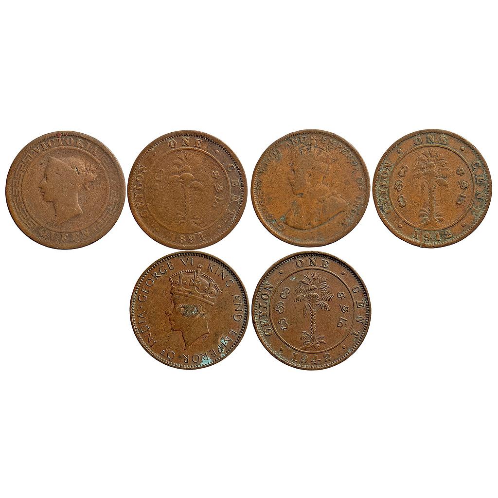 Ceylon (Sri Lanka) Set of 3 Coins Victoria Queen Copper 1 Cent George V Copper 1 Cent George VI Copper 1 Cent
