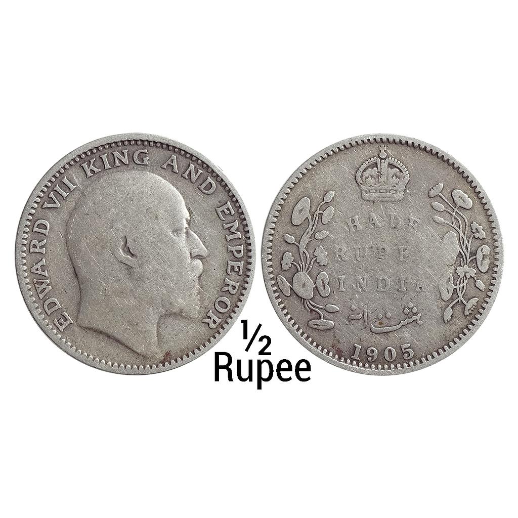 British India Edward VII 1905 AD Calcutta Mint Silver 1/2 Rupee