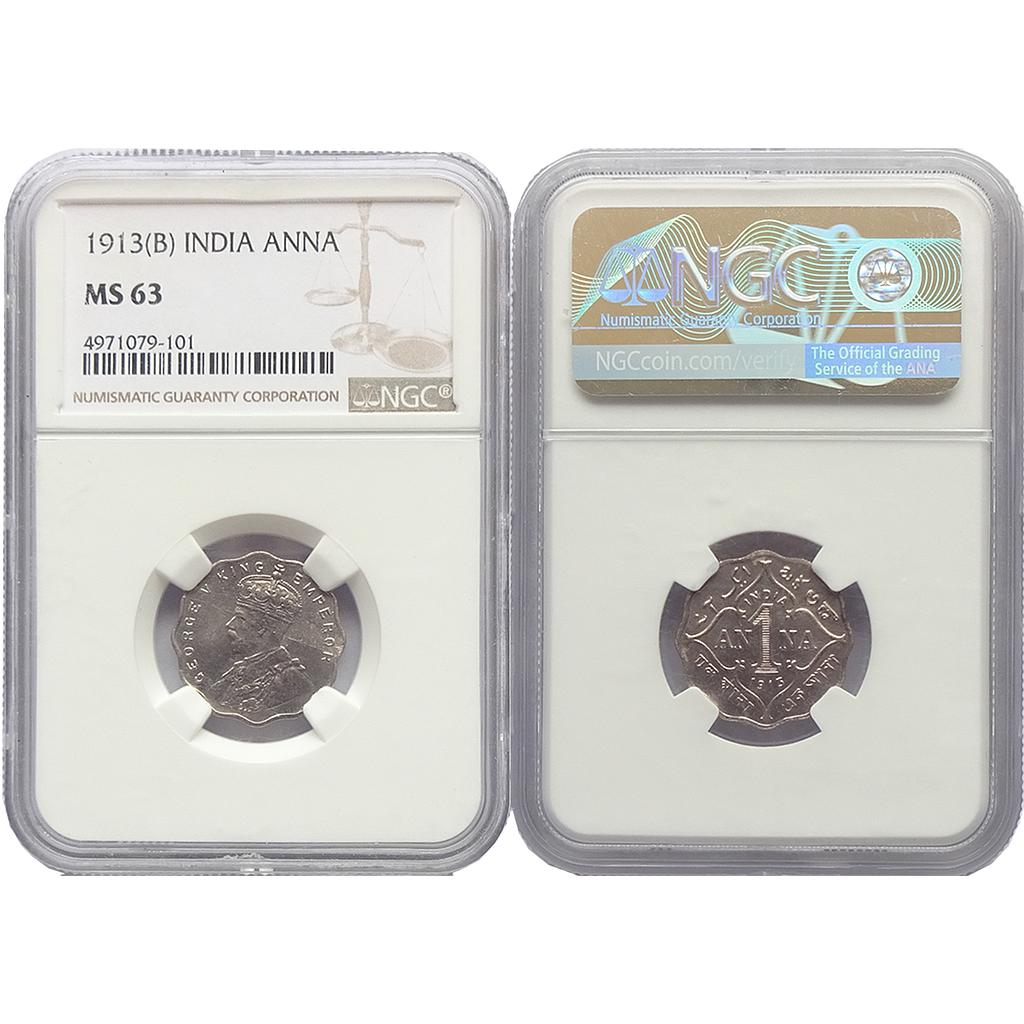 British India George V 1913 AD Bombay Mint Cupro-Nickel Anna