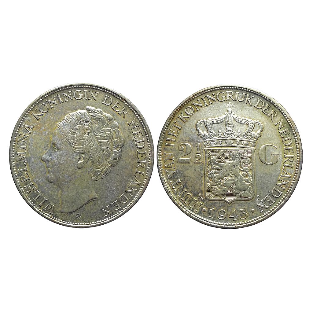 Netherlands East Indies Indonesia Wilhelmina 1943 AD Silver 2½ Gulden Silver (.720) (Copper .280)