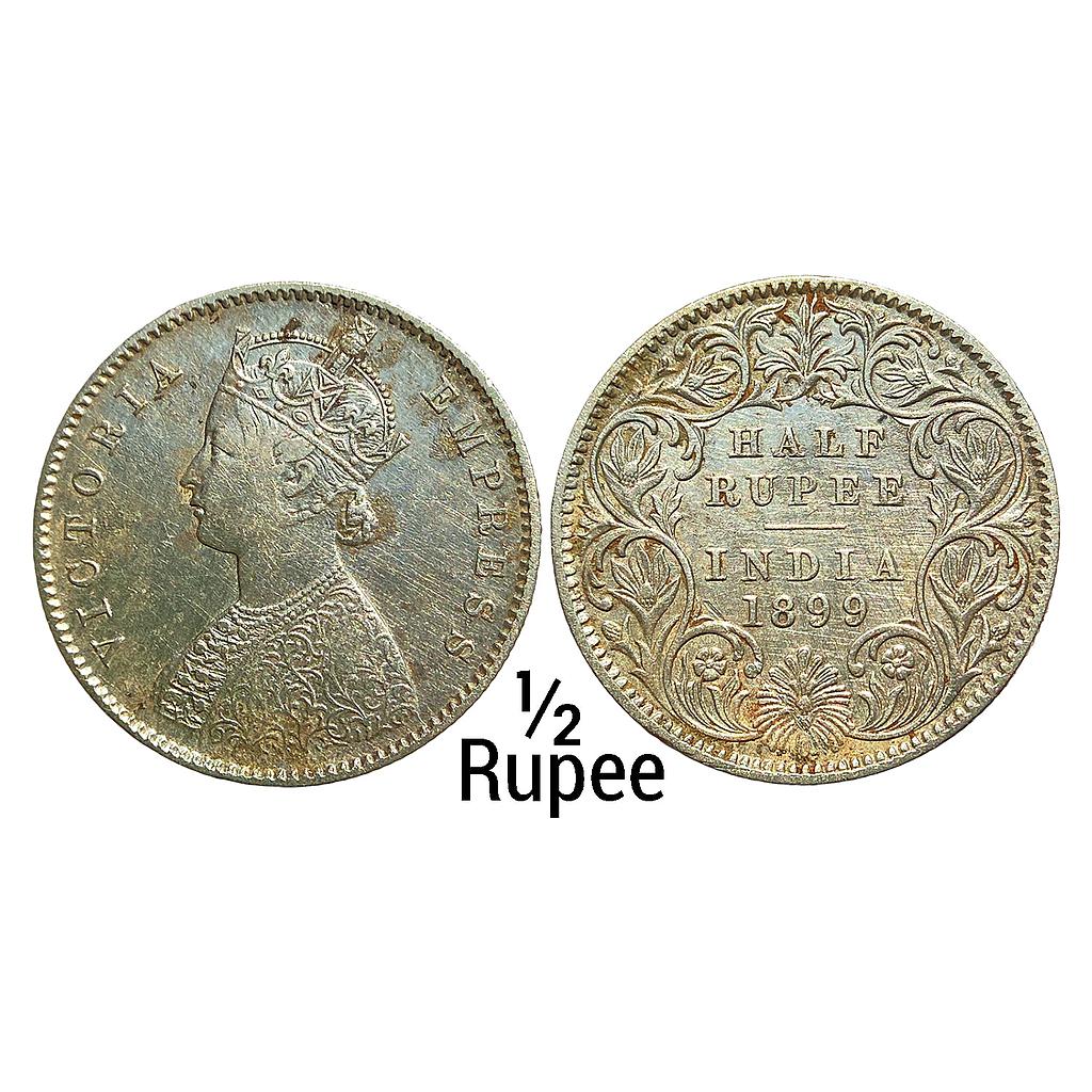 British India Victoria Empress 1899 AD A / I / C incuse Calcutta Mint Silver 1/2 Rupee
