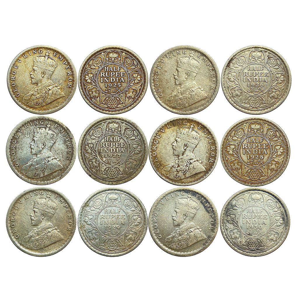 British India George V 1925 (C) 1926 (C) 1927 (C) 1928 (B) 1929 (C) 1930 (C) AD Calcutta &amp; Bombay Mint Set of 6 Coins Silver 1/2 Rupee