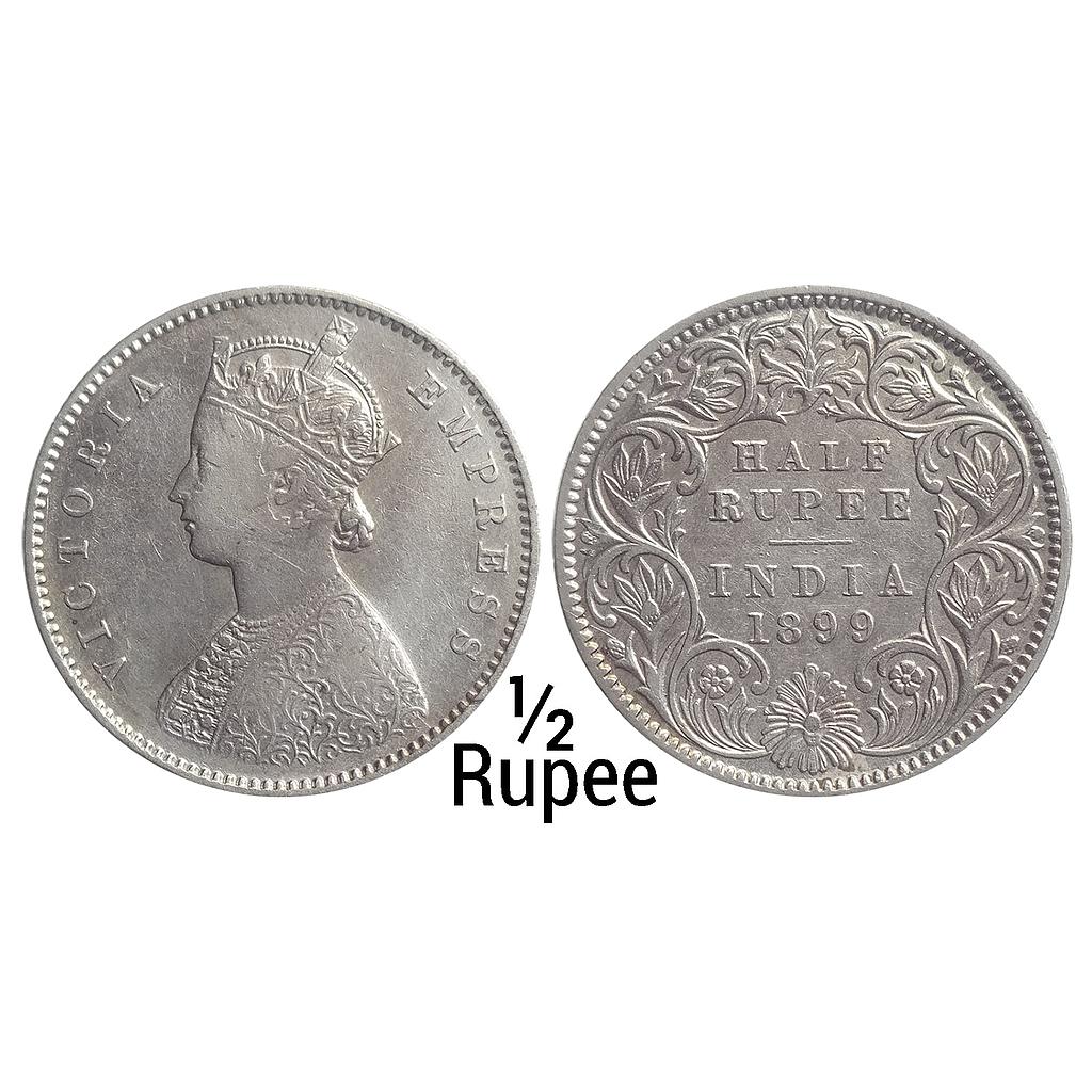 British India Victoria Empress 1899 AD Obv. A Rev. I C Incuse Calcutta Mint Silver 1/2 Rupee