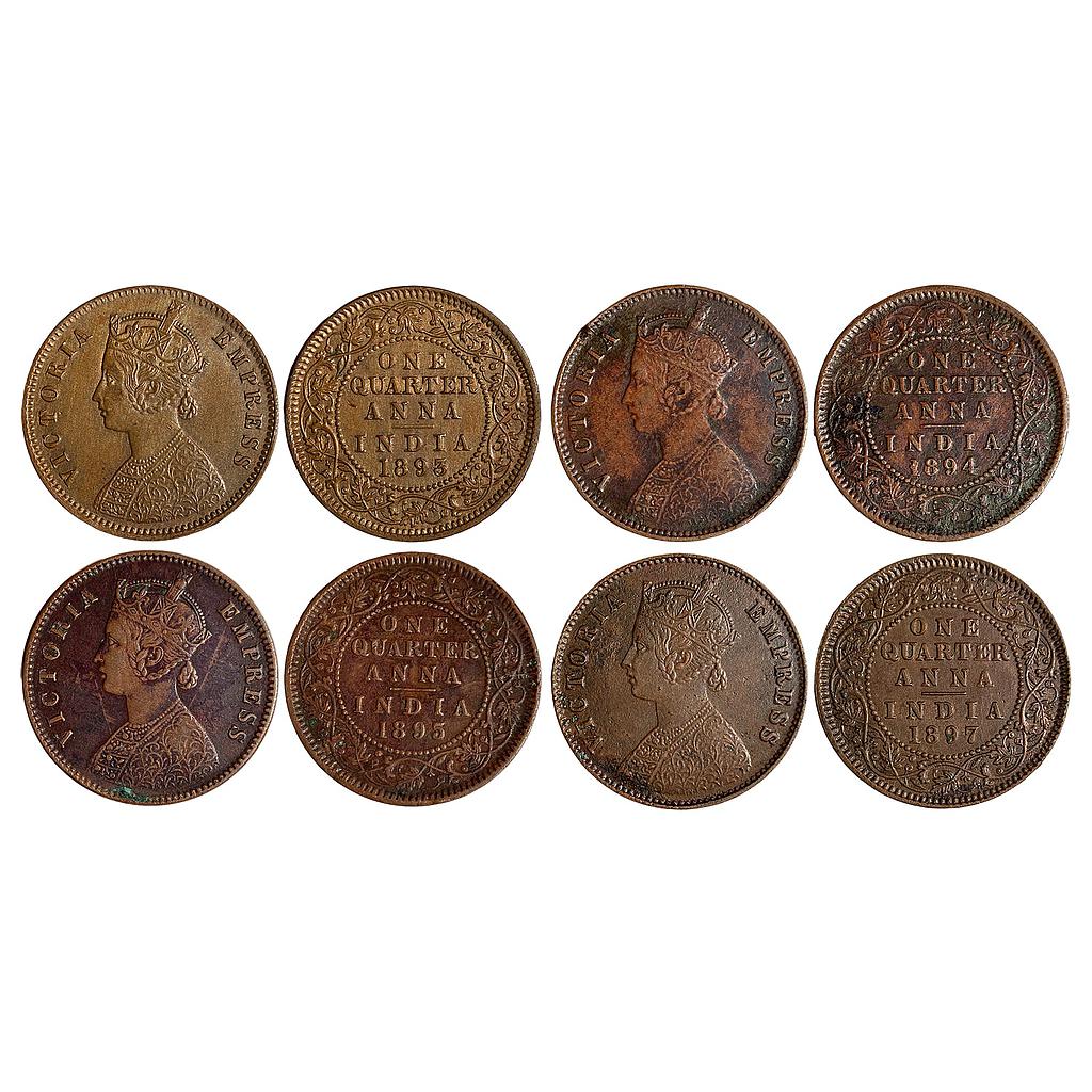 British India Victoria Empress 1893 1894 1895 and 1897 AD Set of 4 Coins Copper 1/4 Anna