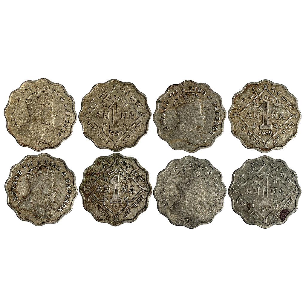 British India Edward VII 1908 1909 and 1910 AD (2) Set of 4 Coins Cupro-Nickel 1 Anna