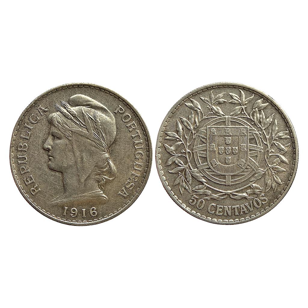 Portugal First Republic 1916 AD Silver 50 Centavos